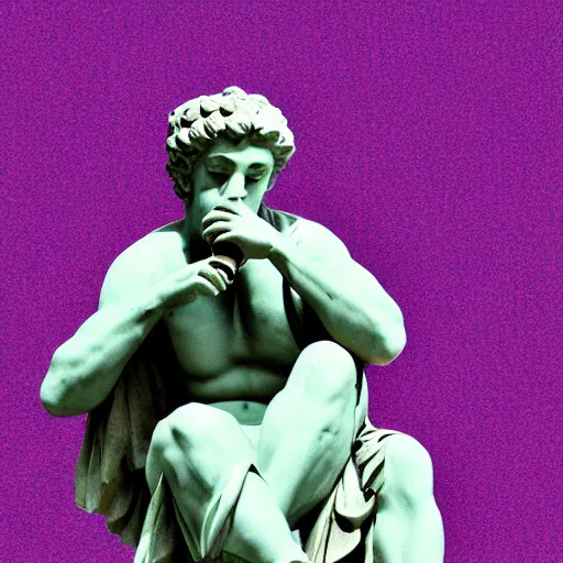 Image similar to a greek statue drinking fiji water, vaporwave background