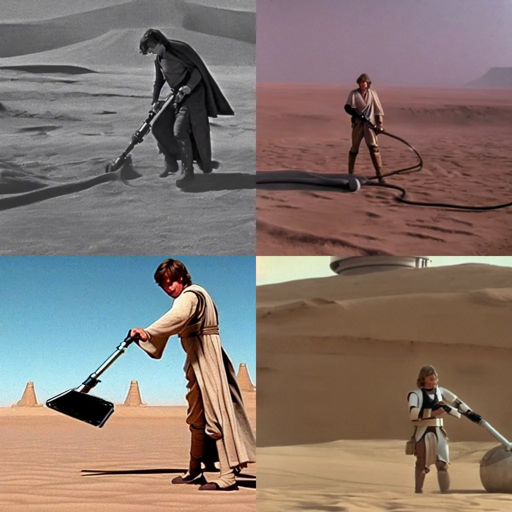 Prompt: Luke Skywalker vacuuming the sands of Tatooine, still from Star Wars (1977)