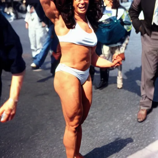 Image similar to Kamala Harris on steroids, 1990s street performer