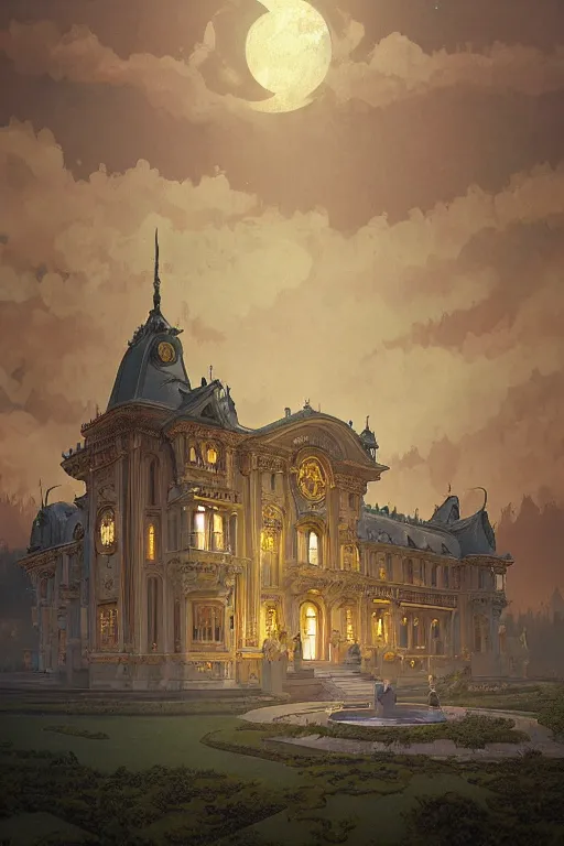 Image similar to fantasy, rococo palace, art deco style, cloud sky and moon night background, high detail, cinematic lighting, concept art, digital art, illustration, smooth, sharp focus, greg rutkowski, alphonse mucha, loish, wlop, trending on artstation, trending on deviantart