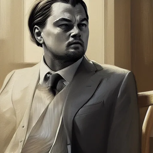 Image similar to full figure ultra realistic illustration, leonardo dicaprio as business man, intricate, elegant, highly detailed, digital painting, artstation, concept art, smooth, sharp focus, illustration, art by artgerm and greg rutkowski and alphonse mucha