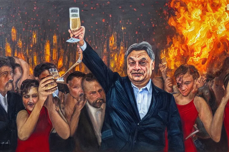 Image similar to viktor orban drinking champagne and cheering in front a burning city, highly detailed eyes, oil on canvas