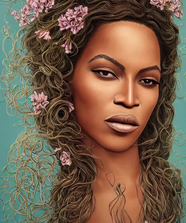 Image similar to facial portrait of Beyonce as a young pretty woman in flowing dress, arrogant, mysterious, long fine flowing hair, delicate, looking at camera, realistic face, intricate, stylish, elegant, grimdark, flowers, extremely detailed photograph by Martine Johanna and Ernst Haeckel and Greg Rutkowski