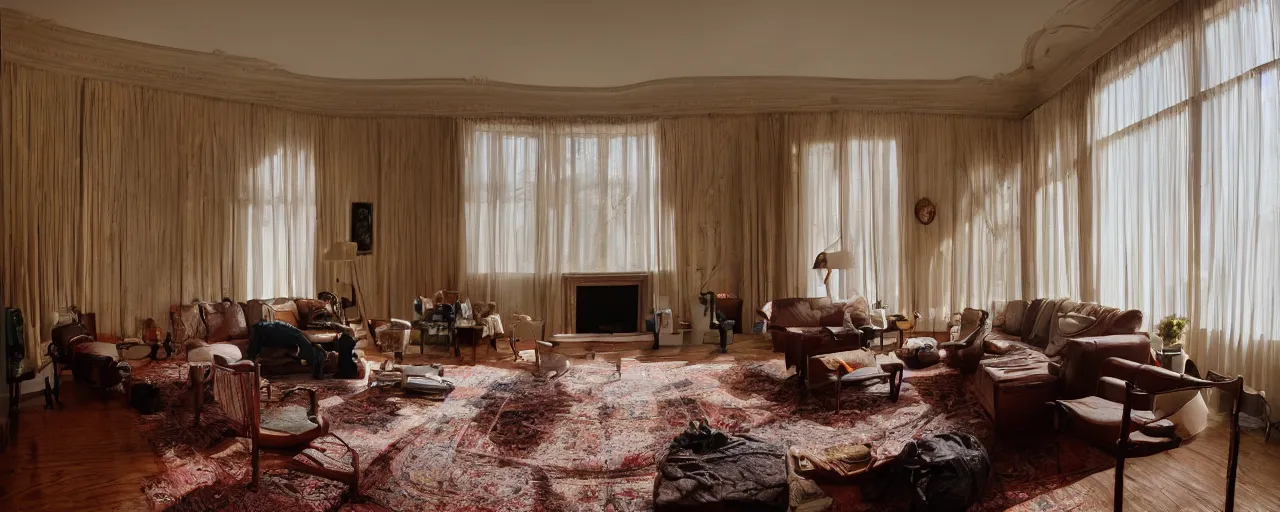 Prompt: stablishing shot of a living room, rembrandt lighting, with god rays, shot in imax camera with anamorphic 2 0 mm lens directed by wes anderson