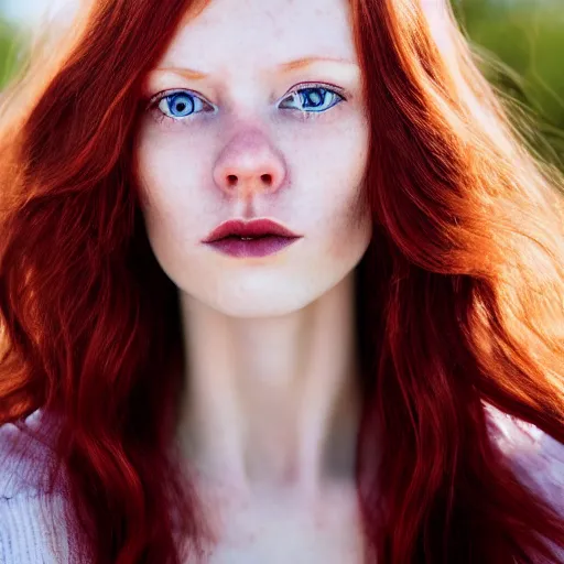 Image similar to close up portrait photograph of a thin young redhead woman with russian descent, with deep blue eyes. Wavy long maroon colored hair. she looks directly at the camera. Slightly open mouth, with a park visible in the background. 55mm nikon. Intricate. Very detailed 8k texture. Sharp. Cinematic post-processing. Award winning portrait photography. Sharp eyes.