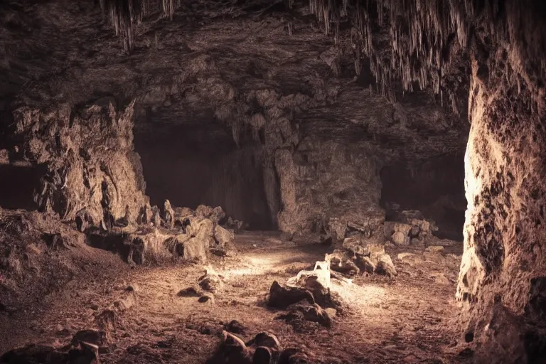 Image similar to a creepy cave, monsters, cinematic