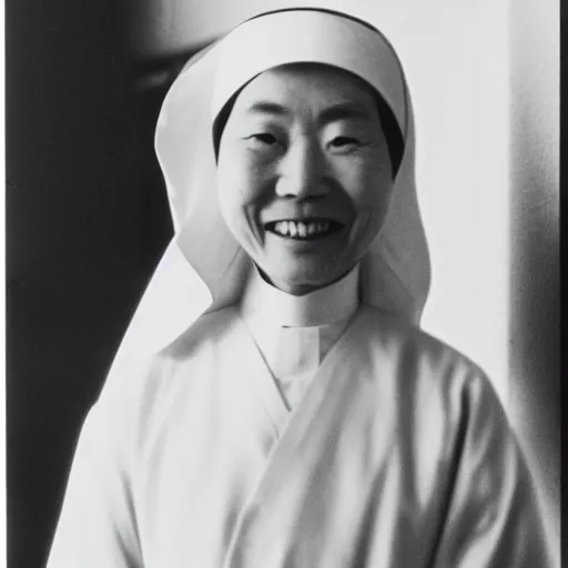 Prompt: photograph of a japanese nun smiling at the camera