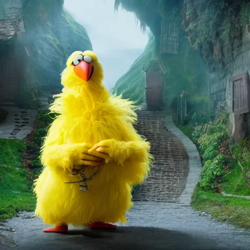 Image similar to big bird from sesame street is tiny and on the back of frodo the hobbit from lord of the rings, hyperrealistic, clean and pristine design, cinematic composition, dramatic lighting, 8 k,