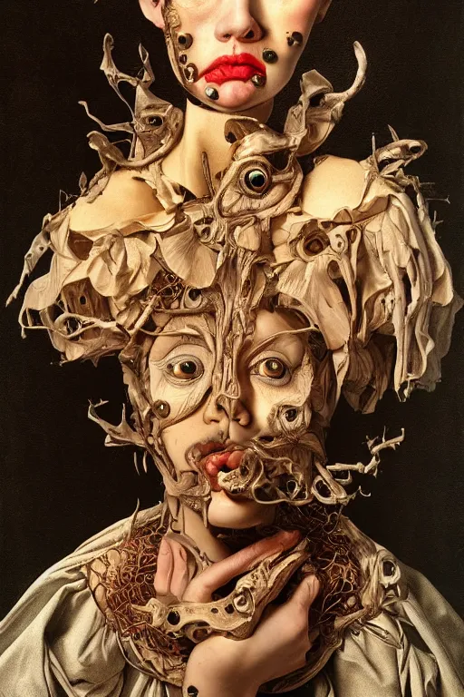 Prompt: Detailed maximalist portrait with large lips and with large wide eyes, surprised expression, surreal extra flesh and bones, HD mixed media, 3D collage, highly detailed and intricate, golden ratio, illustration in the style of Caravaggio, dark art, baroque