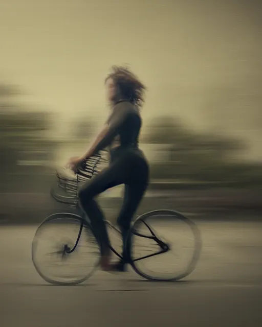 Prompt: woman on a bike, motion blur, in the style of the dutch masters and gregory crewdson, dark and moody, depth of field