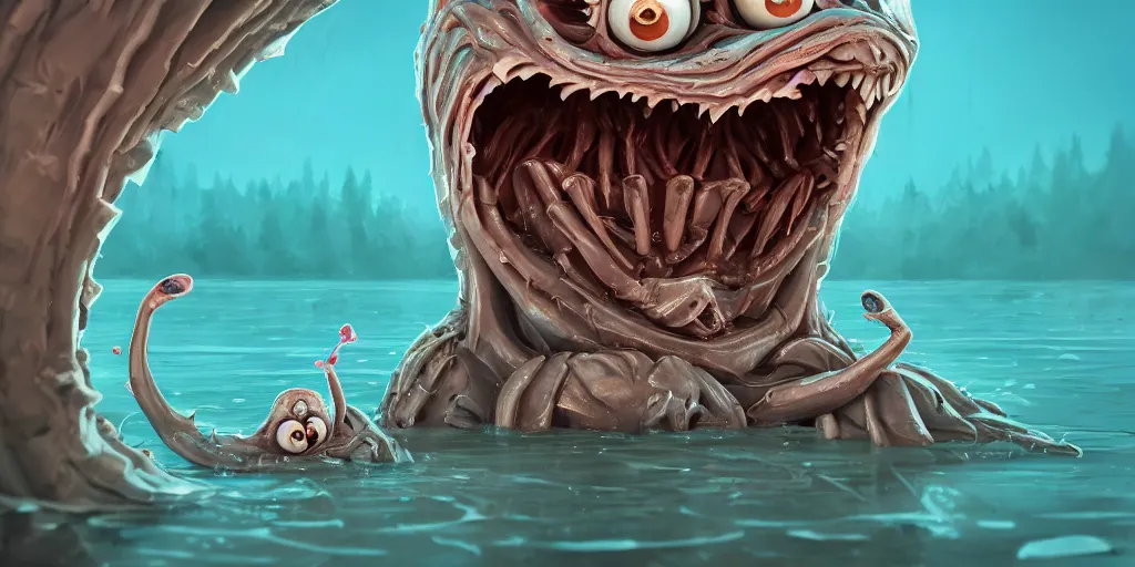 Prompt: of a lake filled with ice - cream with strange cute friendly happy creatures with huge eyes, mouth, long tongue and round teeth appearing from the lake, in the style of gehry and giger, macro lens, shallow depth of field, highly detailed, digital painting, trending artstation, concept art, illustration, cinematic lighting, vibrant colors, photorealism, epic, octane render