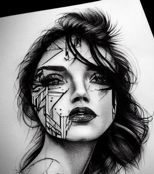 Image similar to a beautiful woman face in front of a background of beautiful mountains, tattoo design sketch, amazing blend effect, hyper - realistic, in the style of matteo pasqualin, amazing detail, black and white