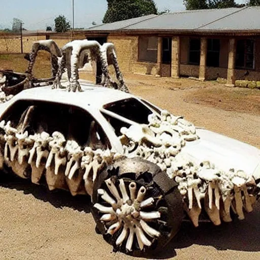 Image similar to mad Max car made out of bones horns and shells