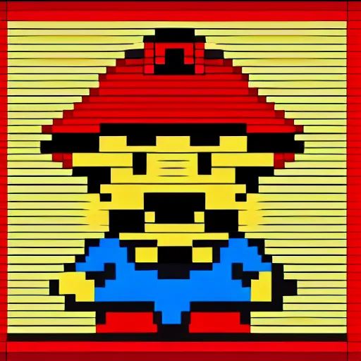 Prompt: Super Mario with pizza for eyes, 8-bit digital art