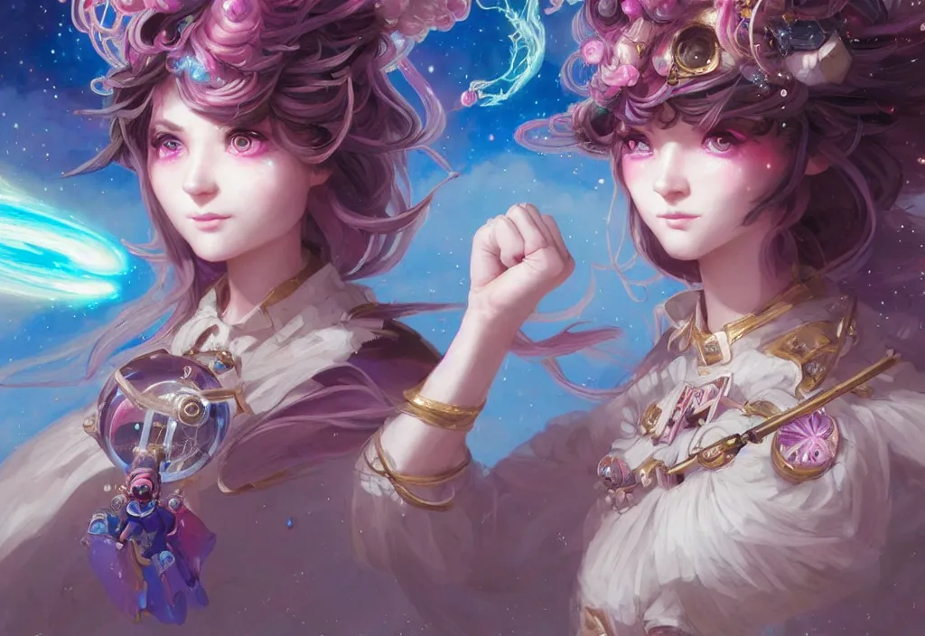 Image similar to close up picture of an maximalist dress magical girl, neat hair with bangs, smug face, fist to camera, extremely beautiful and aesthetic and detailed cute face and eyes, wipe out evils with cute astronaut familiar sprites, aming the magical beams, chiaroscuro, intricate, masterpiece, fantasy illustrations by peter mohrbacher and anato finnstark and jeremy lipking