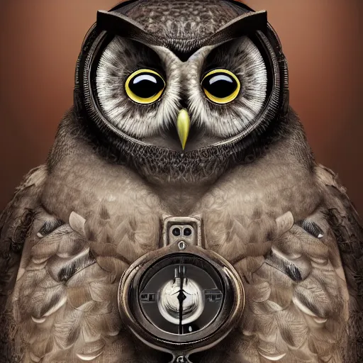 Image similar to detailed portrait of a mechanic owl, watch on his head, feathers from mechanical watch parts, in half a turn, hyper detailed, stylistic, symmetrical, 3 d render, 8 k, octane render