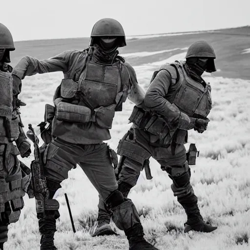 Prompt: British mercenaries wearing grey body armor hiding from a Russian tank, photo by Adam Ferguson, Pulitzer Winning, cinematic composition, breathtaking, modern, 2022