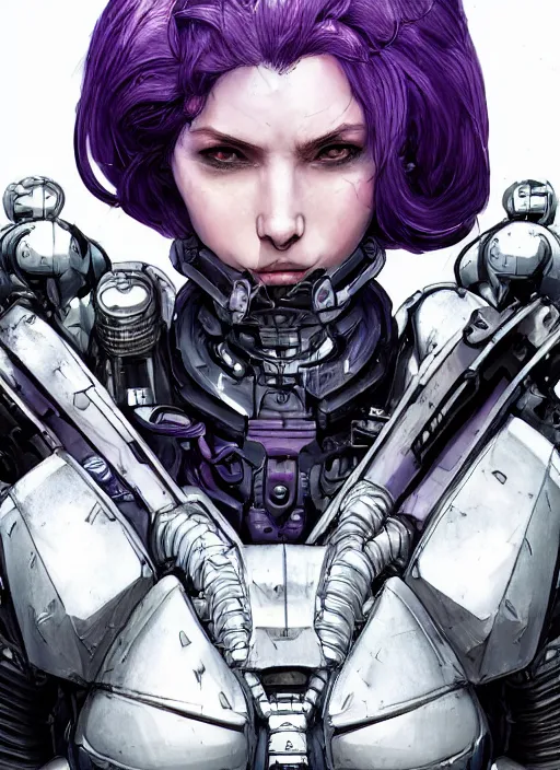 Image similar to close up portrait of a pale woman in sci - fi power armor with purple hair, powerful, domineering, stoic, masterful, intense, ultrafine hyperdetailed illustration by kim jung gi, irakli nadar, intricate linework, sharp focus, octopath traveler, yoji shinkawa, highly rendered, detailed, concept art