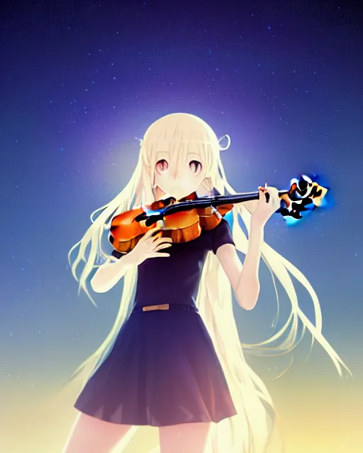 Image similar to teen, cute, full body, a female with white skin and golden long wavy hair holding a violin and playing a song, heavenly, stunning art style, filters applied, lunar time, night sky, trending art, sharp focus, centered, landscape shot, fate zero, simple background, studio ghibly makoto shinkai yuji yamaguchi, by wlop