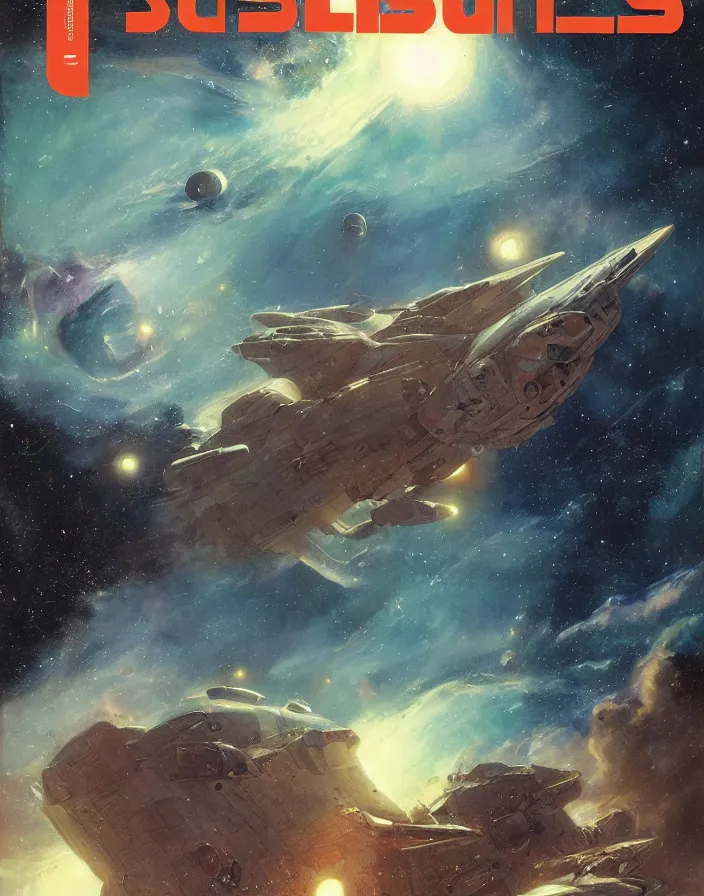Image similar to vintage sci - fi cover magazine by moebius and greg rutkowski, giant spaceship, nebulae, starry sky