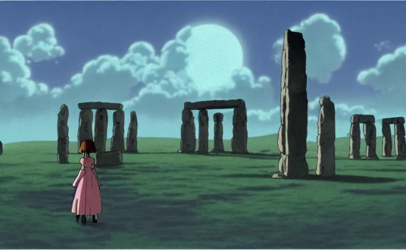 Image similar to a realistic cell - shaded studio ghibli concept art from paprika ( 2 0 0 6 ) of a flying multi - colored cube from close encounters of the third kind ( 1 9 7 7 ) and a grey long - haired witch in a flooded stonehenge on a misty starry night. very dull colors, wide shot, hd, 4 k, hq