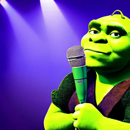 Image similar to Shrek performing Never Gonna Give You Up, singing into a microphone while dancing, black suit, striped shirt, light background, full color photograph, 4k