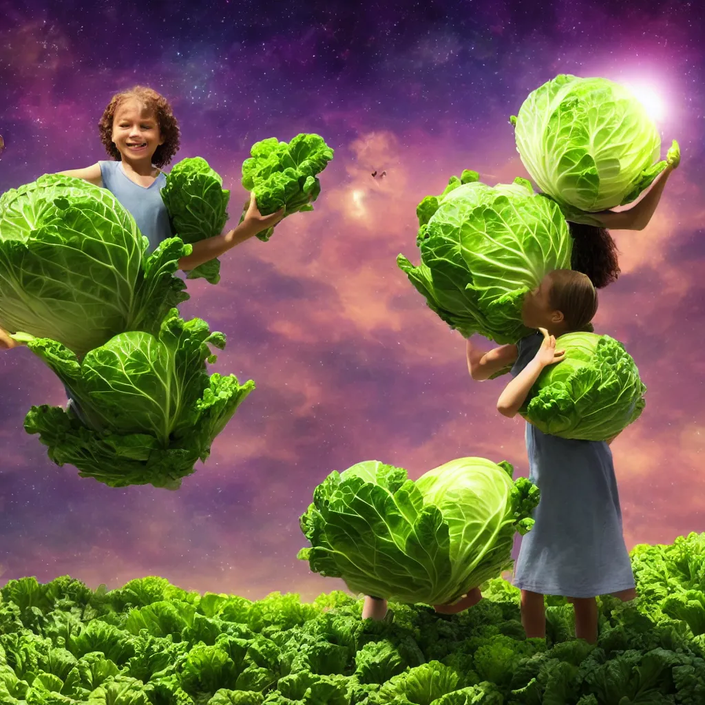 Image similar to happy child carrying a cabbage on her head, cosmic sci fi landscape with farm and vegetables growing, semi realistic comic, octane render, artist Dr Zeus harmonious integration+8k