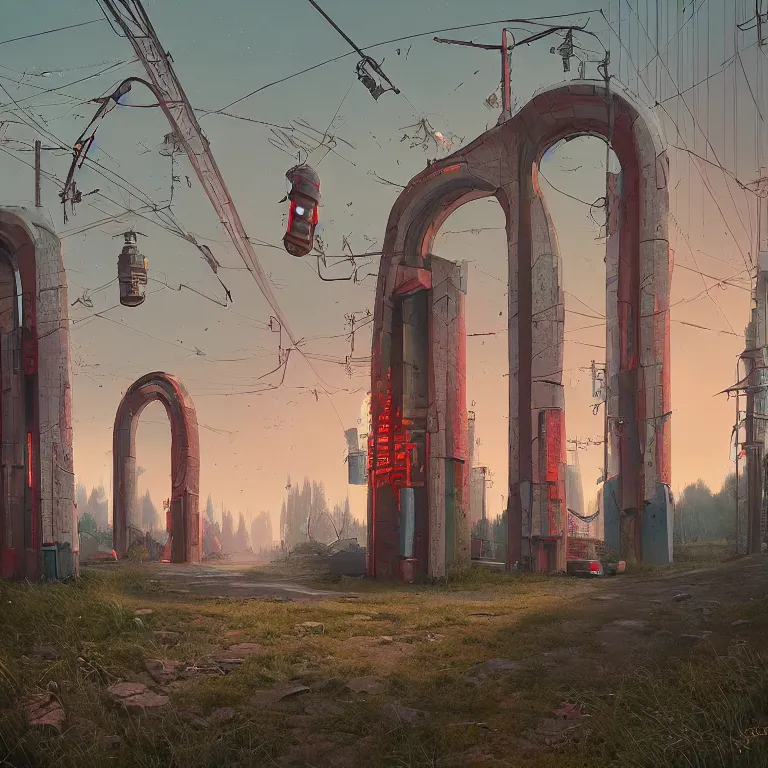 Image similar to through a portal. Detailed digital matte painting in the style of simon stalenhag