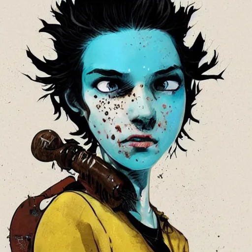 Image similar to Highly detailed portrait of a punk zombie young lady with freckles and brown curly hair hair by Atey Ghailan, by Loish, by Bryan Lee O'Malley, by Cliff Chiang, was inspired by image comics, inspired by scott pilgrim, inspired by graphic novel cover art !!!electric blue, brown, black, yellow and white color scheme ((grafitti tag brick wall background))