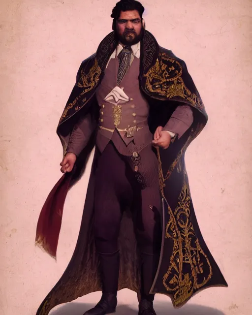 Image similar to nandor the relentless, from what we do in the shadows, kayvan novak, long black hair, half - body, 1 9 2 0 s suit, ornate cape, very detailed, intricate, cinematic, artstation, william bouguereau, daniel gerhartz, greg rutkowski, rossdraws, octane render