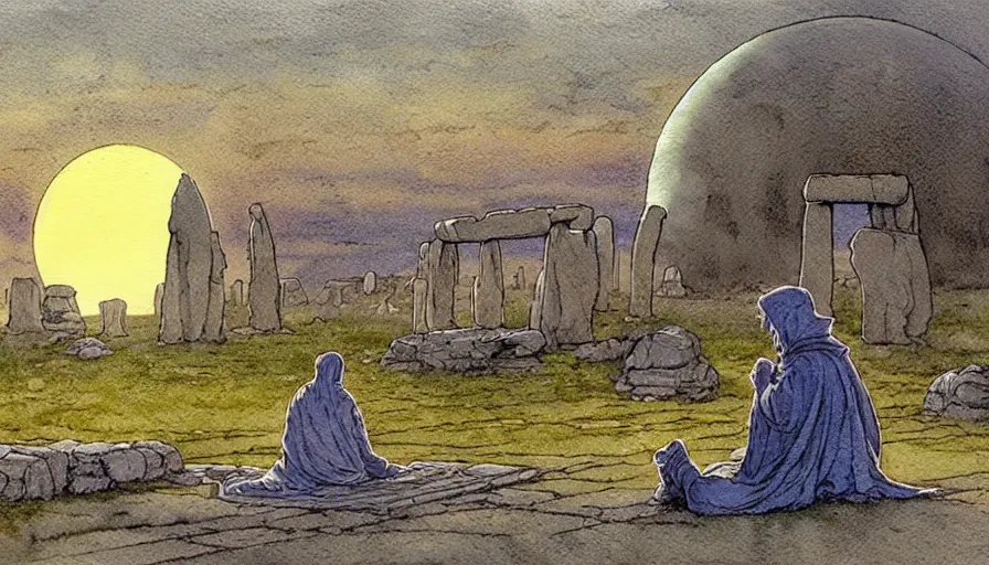 Image similar to a realistic and atmospheric watercolour fantasy concept art of a golden ufo landing in stonehenge. a giant medieval monk in grey robes on his knees praying. a sliver of moon in the sky. muted colors. by rebecca guay, michael kaluta, charles vess and jean moebius giraud