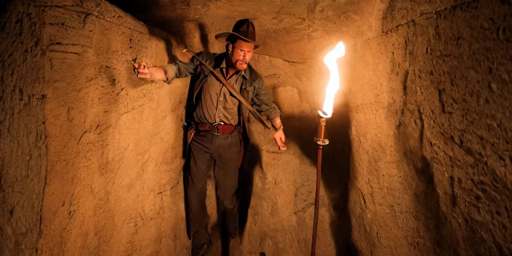 Prompt: Indiana Jones with a torch walking down a staircase into a dark Ancient Egyptian Sandstone tomb