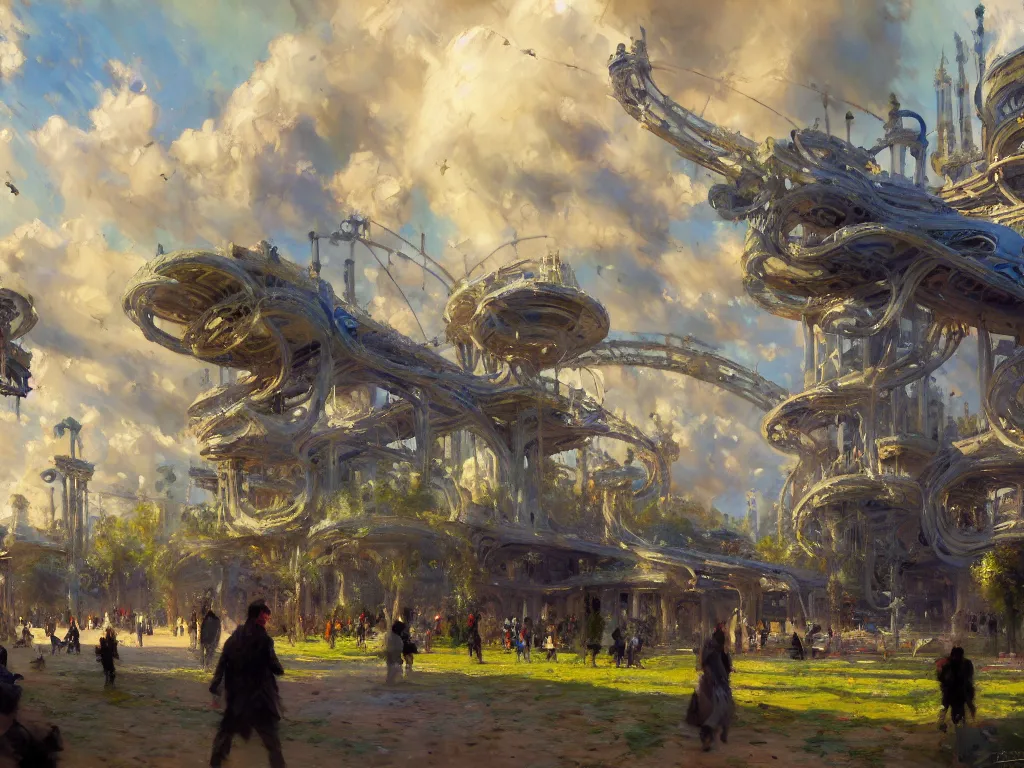 Image similar to impressionist brushstrokes!!!! solomon joseph solomon and richard schmid and jeremy lipking victorian loose genre loose painting of a busy elaborate ornate outdoor sci - fi park, cinematic, shadows, partly cloudy day, 4 k, detailed, by ( ( ( zaha hadid and beeple ) ) )