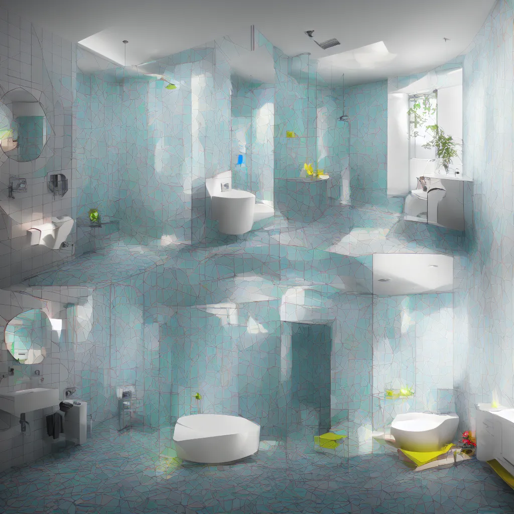 Image similar to colourful 3 d octane render ultra photorealistic hyper detailed isometric bathroom