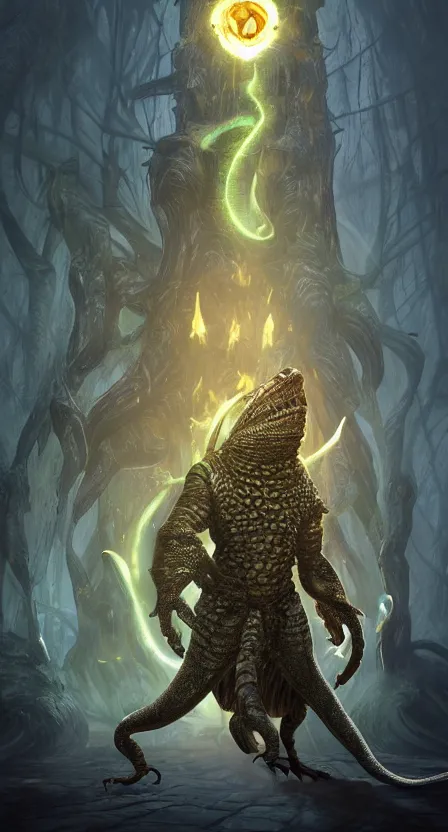 Prompt: lizard shaman antropomorphic ultra detailed fantasy, elden ring, realistic, dnd character portrait, full body, dnd, rpg, lotr game design fanart by concept art, behance hd, artstation, deviantart, global illumination radiating a glowing aura global illumination ray tracing hdr render in unreal engine 5