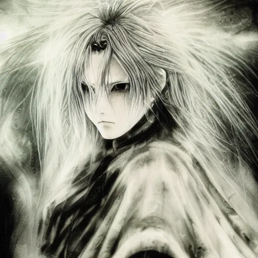 Image similar to yoshitaka amano blurred and dreamy grainy photo of an anime girl with black eyes, wavy white hair and cracks on her face near eyes wearing elden ring armour with the cape fluttering in the wind, abstract black and white patterns on the background, noisy film grain effect, highly detailed, renaissance oil painting, weird portrait angle