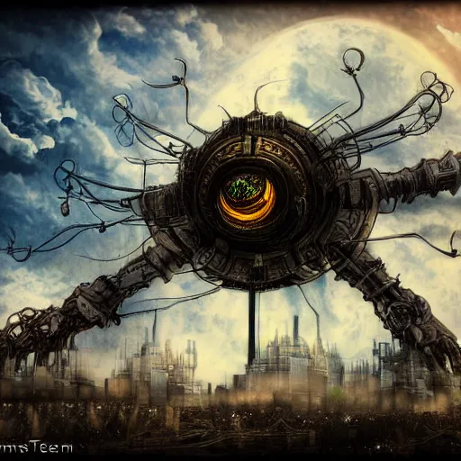Image similar to flying lotus steam fortress, fantasy art, urban, sky in the background, detailed, behrens style