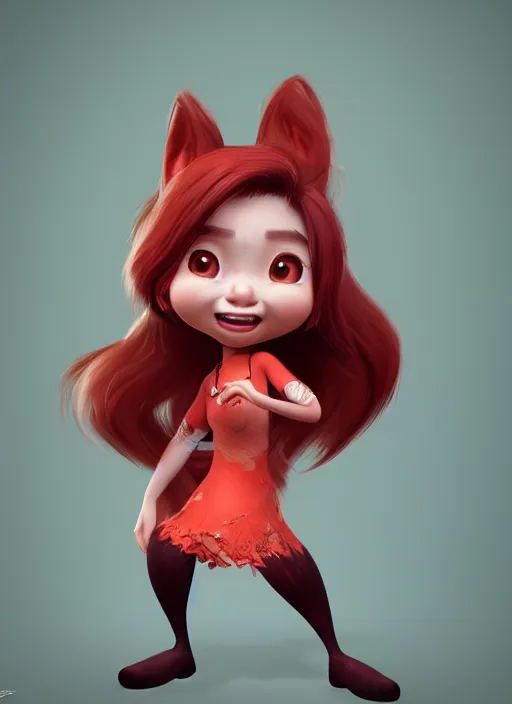 Image similar to a cute asian girl fox singing, flowing red hair in the style of pixar animation, mid-shot, award winning, hyper detailed, studio lighting, artstation, octane renderer, unreal engine