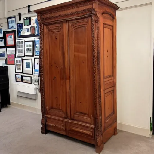 Image similar to large armoire with slightly crooked door in a room full of posters