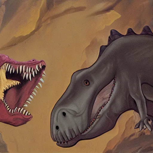 Prompt: cave painting of dinosaurs brutally biting a human,