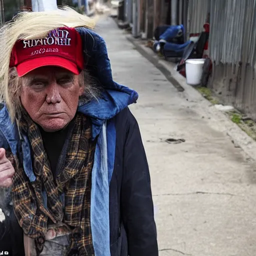 Image similar to donald trump dressed as a homeless man living in the slums