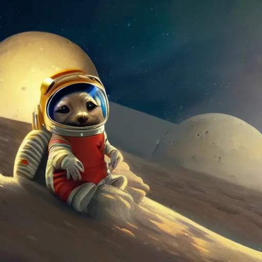 Prompt: an adorable chipmunk in an astronaut suit on the moon, warm lighting with cool shadows, digital painting, detailed, trending on artstation, in the style of dominik mayer thomas dubois, gaston bussiere, 8 k, octane render