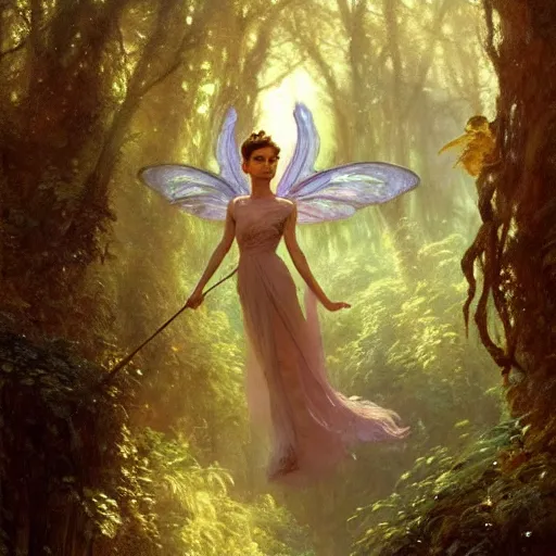Image similar to audrey hepburn as a winged fairy in a fantasy forest, various backgrounds, highly detailed, digital painting, artstation, matte, illustration, art by gaston bussiere, greg rutkowski