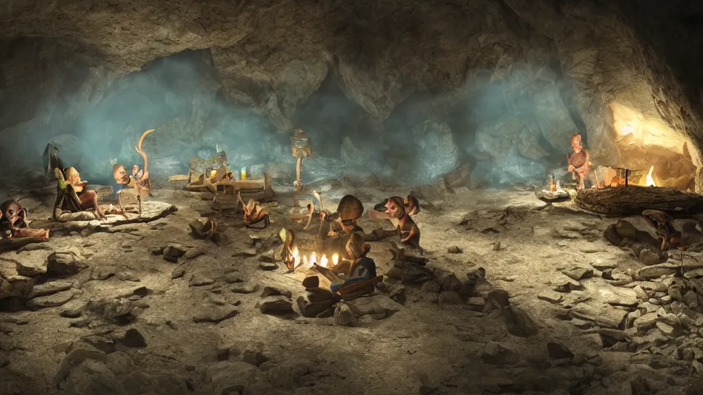 Prompt: A goblin camp inside a cave, campfire, cinematic lighting, photorealistic, hyperdetailed 3D matte painting, hyperrealism, hyperrealistic, 8k ultraHD octane render