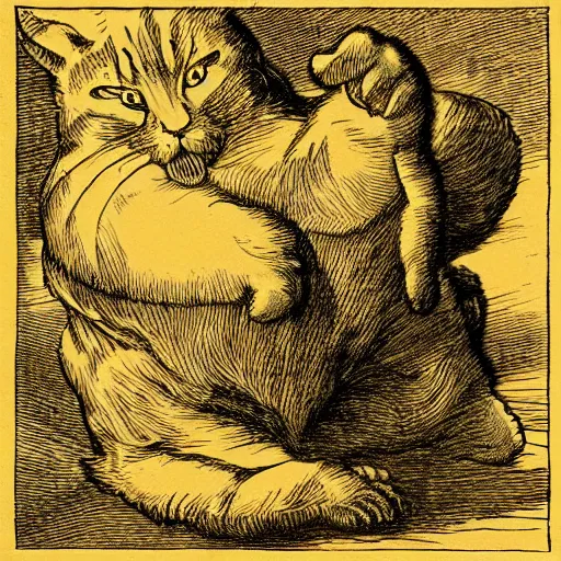 Image similar to Garfield the cat falling from heaving after his banishment, dramatic lighting, golden hour, woodcut style, by Gustav Dore, by Albrecht Durer, trending on artstation