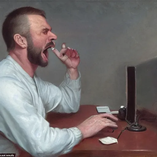 Image similar to an angry man yells at his computer monitor, oil on canvas, 1 8 8 3, highly detailed