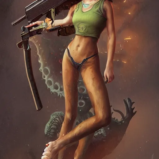 Image similar to Full body portrait of a beautiful young woman wearing a tank top and jeans shooting a Lovecraftian monster with a shotgun, horror, digital painting, detailed, artstation, Greg Rutkowski, Artgerm, Alphonse Mucha