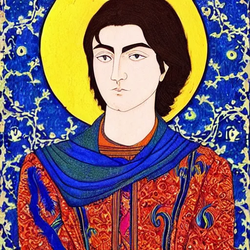 Prompt: portrait of paul atreides, pensive, bright blue eyes, in the style of persian miniature paintings.