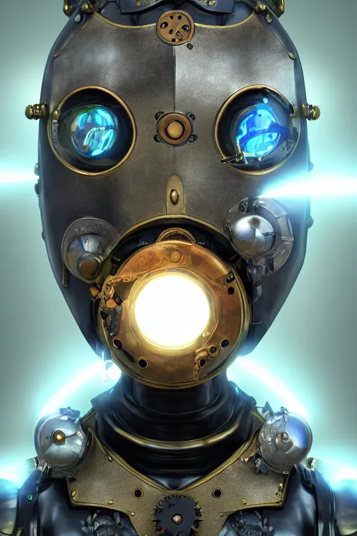 Image similar to steampunk mask minimalist fantasy art robot ninja helmet, global illumination ray tracing hdr fanart arstation by sung choi and eric pfeiffer and gabriel garza and casper konefal radiating a glowing aura