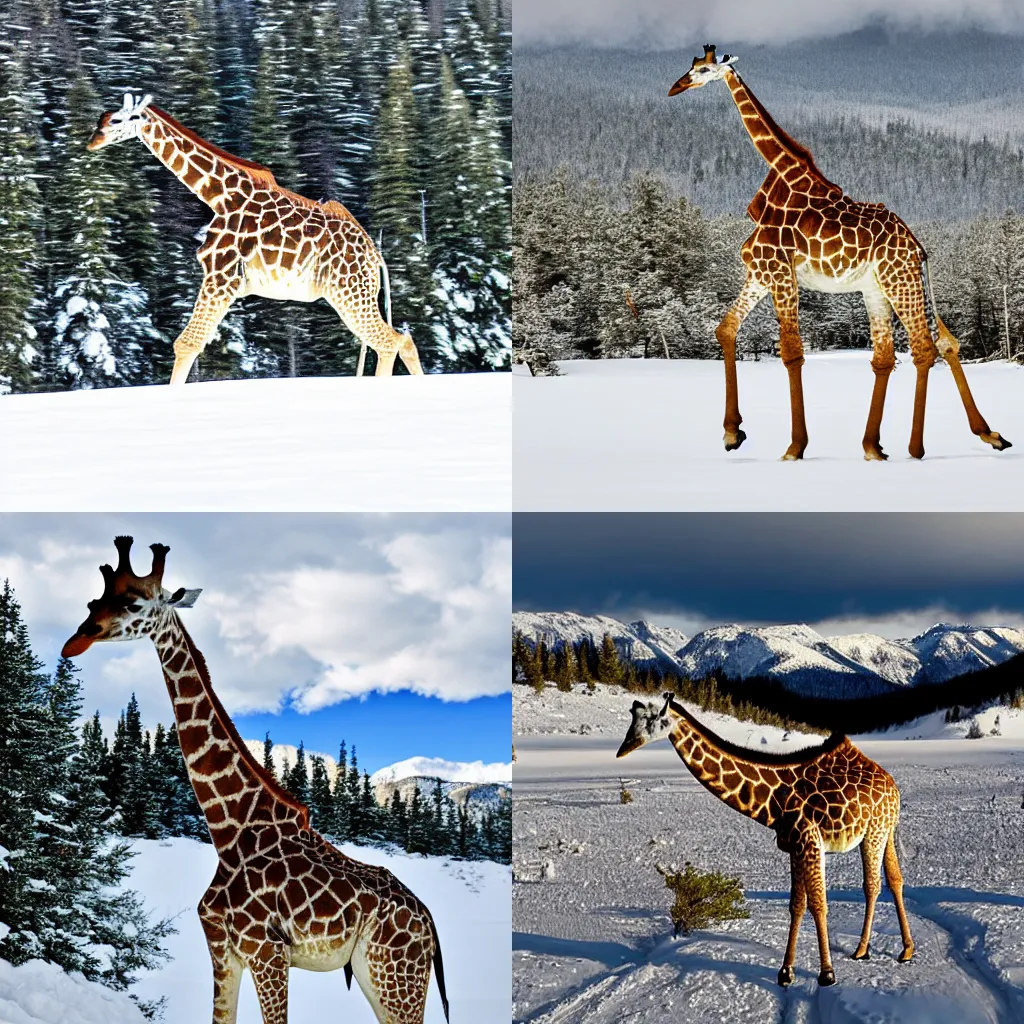 Prompt: A giraffe runs through deep snow in the Rocky Mountains